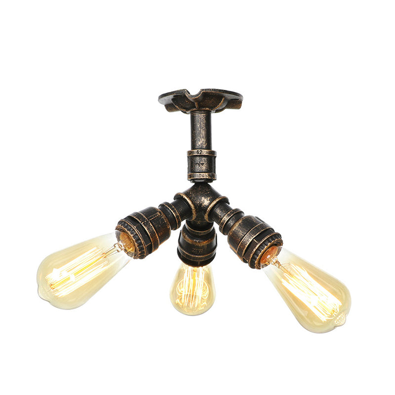 Steampunk Pipe Semi Flush Light Wrought Iron Close to Ceiling Light in Bronze for Living Room