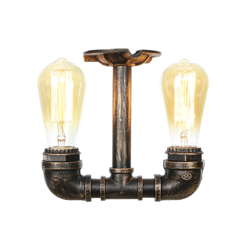 Steampunk Pipe Semi Flush Light Wrought Iron Close to Ceiling Light in Bronze for Living Room