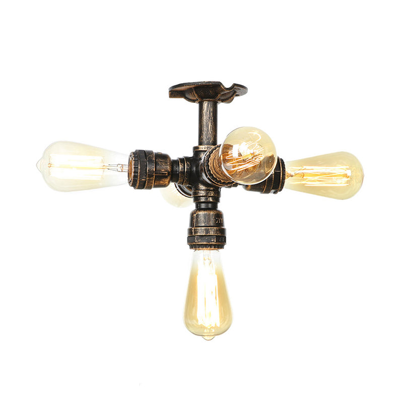 Steampunk Pipe Semi Flush Light Wrought Iron Close to Ceiling Light in Bronze for Living Room