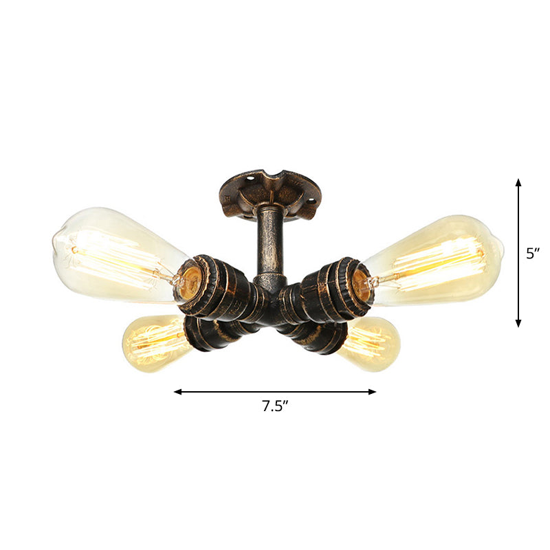 Steampunk Pipe Semi Flush Light Wrought Iron Close to Ceiling Light in Bronze for Living Room