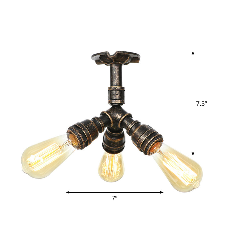 Steampunk Pipe Semi Flush Light Wrought Iron Close to Ceiling Light in Bronze for Living Room