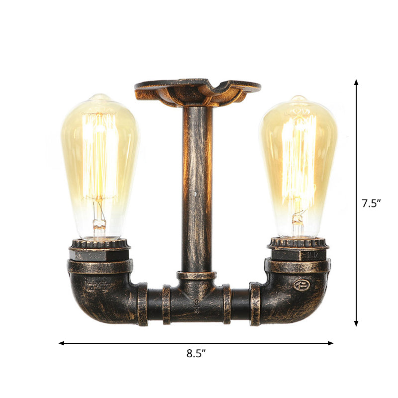 Steampunk Pipe Semi Flush Light Wrought Iron Close to Ceiling Light in Bronze for Living Room