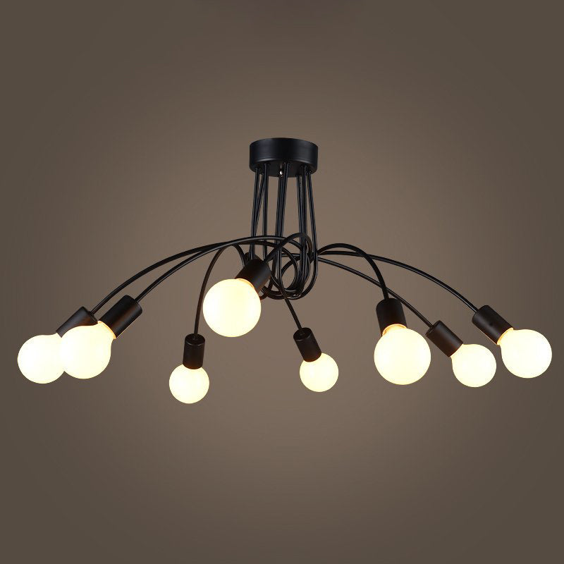 Metal Arched Semi-Flush Ceiling Light Industrial 8 Bulbs Restaurant Flush Mount Fixture in Black