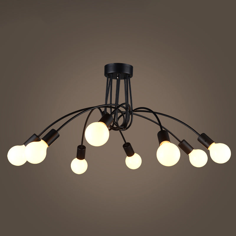 Metal Arched Semi-Flush Ceiling Light Industrial 8 Bulbs Restaurant Flush Mount Fixture in Black