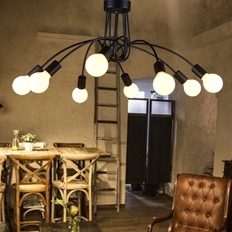 Metaal gebogen semi-flush plafondlicht industrieel 8 bollen restaurant spoeling mount armatuur in zwart