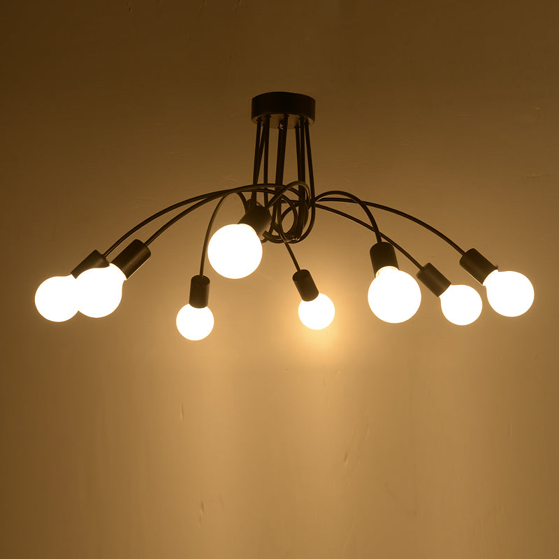 Metal Arched Semi-Flush Ceiling Light Industrial 8 Bulbs Restaurant Flush Mount Fixture in Black