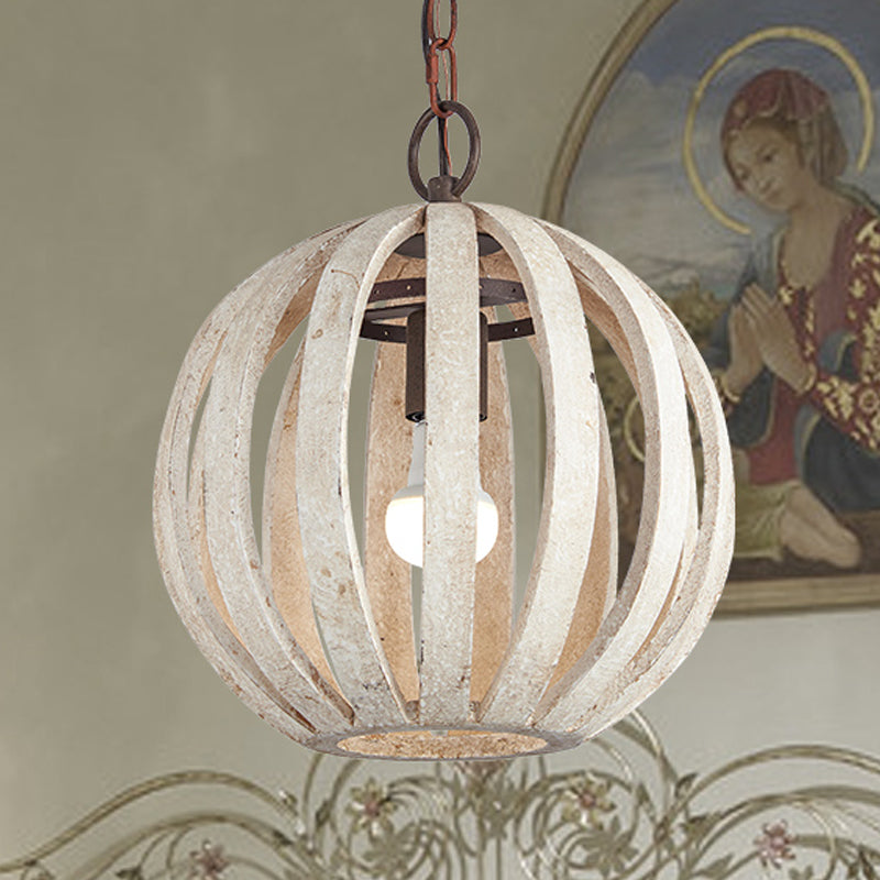 Globe Cage Wood Hanging Techo Luz Rústica 1 Lámpara de estar de sala de estar Lámpara en blanco