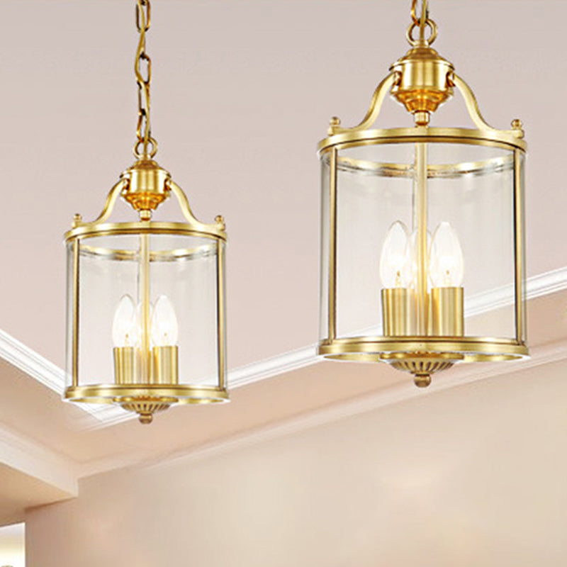 Cylinder Chandelier Lighting Minimalist Clear Glass Brass 3 Bulbs Hanging Ceiling Light, 8"/12" Wide