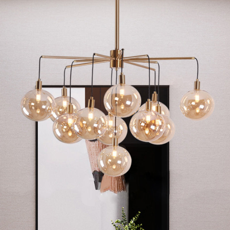 Modern Starburst Chandelier Light Clear/Amber Glass Globe Shade 11 Lights Living Room Hanging Light