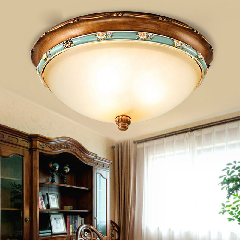 3 Lights Frosted Glass Flush Light Fixture Traditional Brown Bowl Shaped Bedroom Ceiling Lighting, 12.5"/16"/18.5" Wide