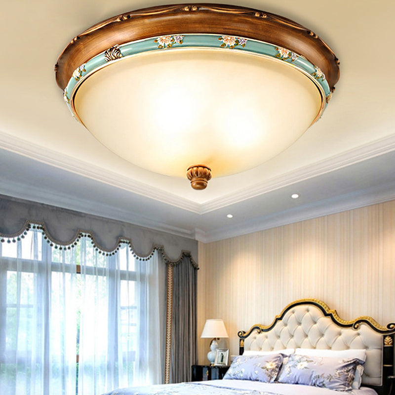 3 Lights Frosted Glass Flush Light Fixture Traditional Brown Bowl Shaped Bedroom Ceiling Lighting, 12.5"/16"/18.5" Wide