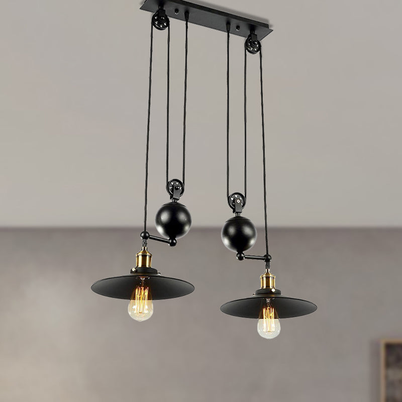 Flared Shade Metal Pendant Lighting Industrial 2 Lights Warehouse Ceiling Light Fixture with Pulley in Black