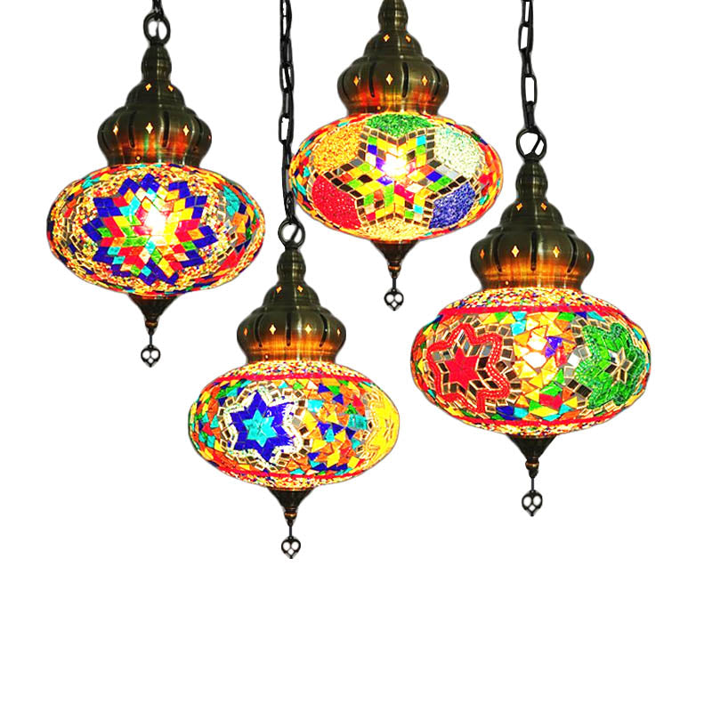 1/4 Bulbs Coffee House Pendant Lamp Retro Ceiling Light Fixture with Spherical Colorful Glass Shade