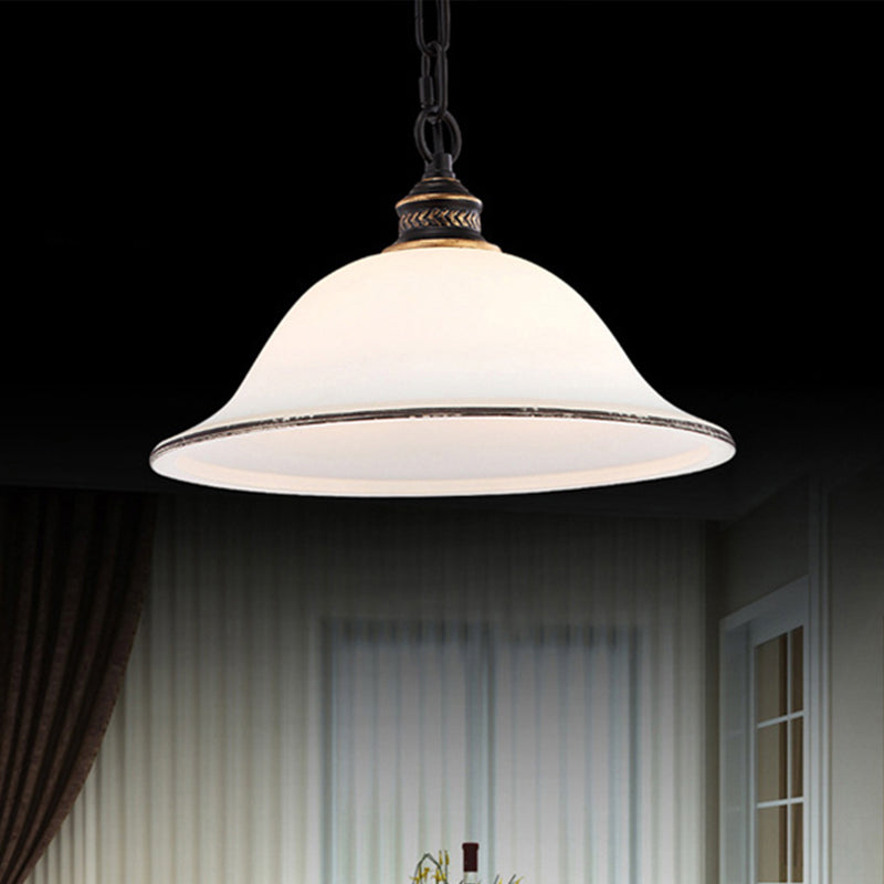 Classic Flared Pendant Lighting 1 Light White Glass Hanging Light Fixture in Black for Dining Room