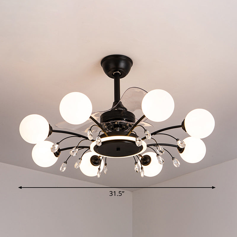 3 Blades Ball Woonkamer Hangers Fan Licht Wit Glas Postmoderne afstandsbediening Semi -spoellicht met K9 -kristallen