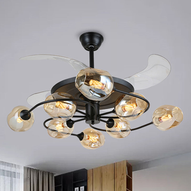 42" W 4-Blade Retro Ceiling Fan Lighting Floral Swirl Remote Control Semi-Flush Light with Cup Glass Shade