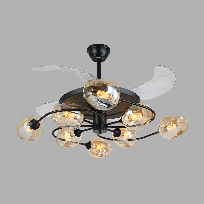 42" W 4-Blade Retro Ceiling Fan Lighting Floral Swirl Remote Control Semi-Flush Light with Cup Glass Shade