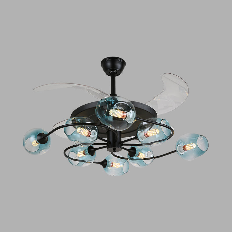 42" W 4-Blade Retro Ceiling Fan Lighting Floral Swirl Remote Control Semi-Flush Light with Cup Glass Shade