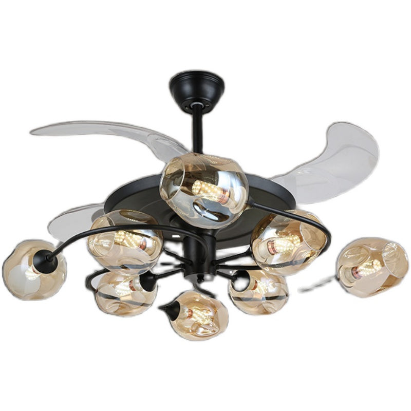 42" W 4-Blade Retro Ceiling Fan Lighting Floral Swirl Remote Control Semi-Flush Light with Cup Glass Shade