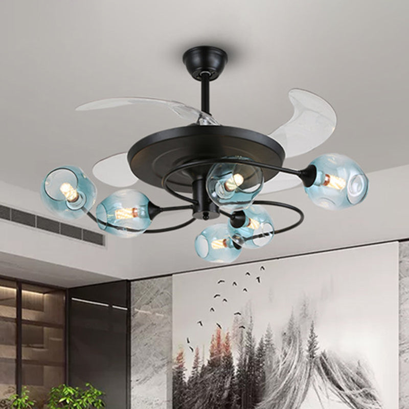 42" W 4-Blade Retro Ceiling Fan Lighting Floral Swirl Remote Control Semi-Flush Light with Cup Glass Shade