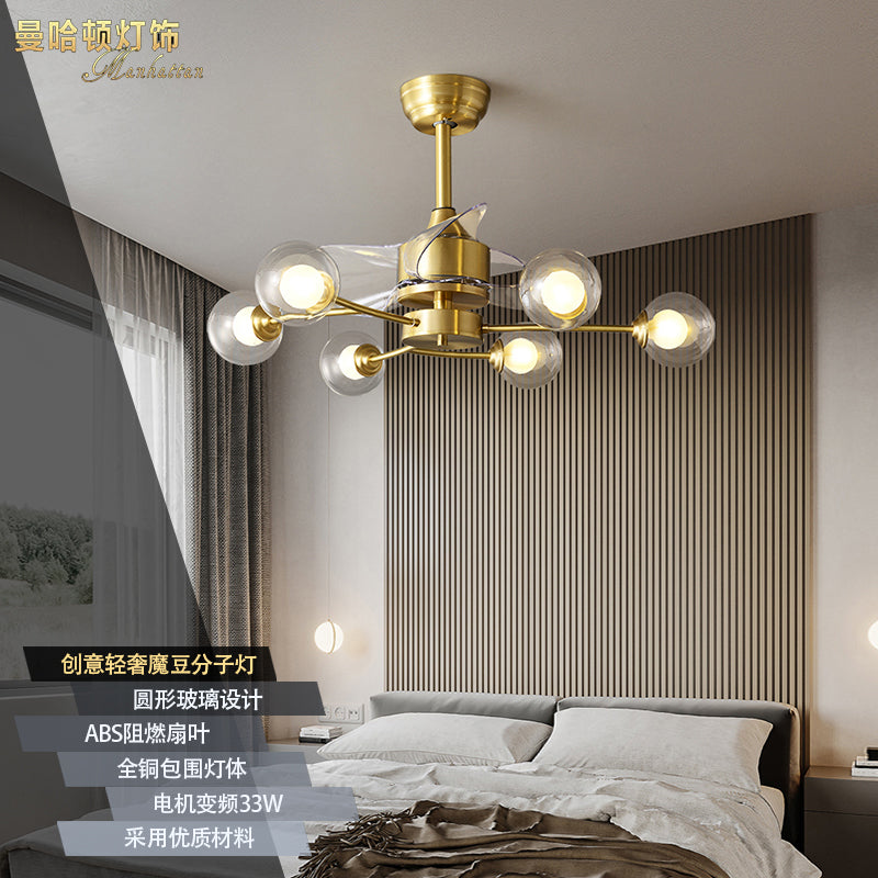 39.5" Wide Dual Glass Ball Fan Light Fixture Simplicity Brass Remote Control Semi Flush Mount Light, 3-Blade