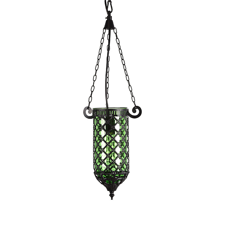 Potloodblauw/groen/paars glazen hanglamp Antiek