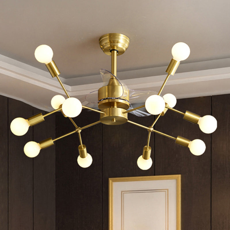 Brass Molecular Semi Flush Mount Chandelier Postmodern Metal Remote Ceiling Fan Light with 3 Blades, 38.5" W