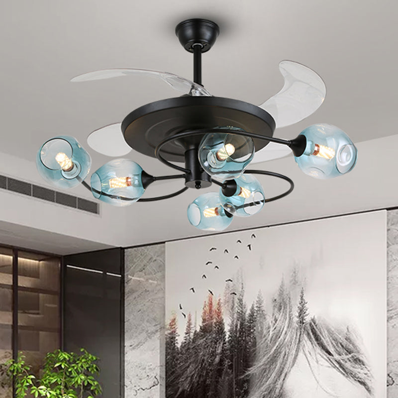 4 Blades Bedroom Hanging Fan Lamp Postmodern Remote Control Semi Flush Mount Light with Cup Glass Shade, 42 Inches Wide