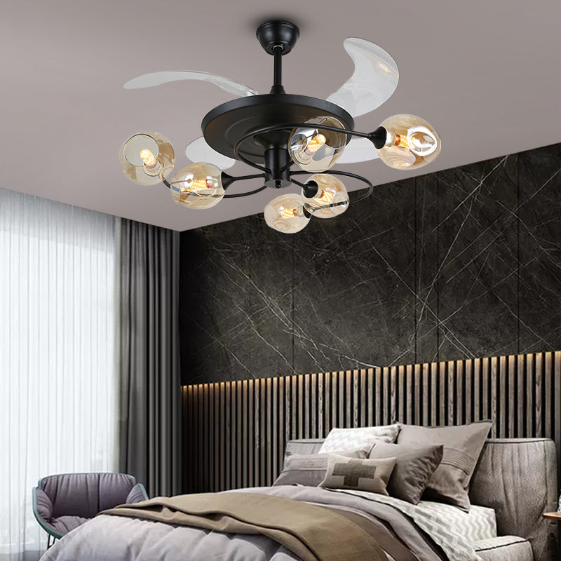 4 Blades Bedroom Hanging Fan Lamp Postmodern Remote Control Semi Flush Mount Light with Cup Glass Shade, 42 Inches Wide