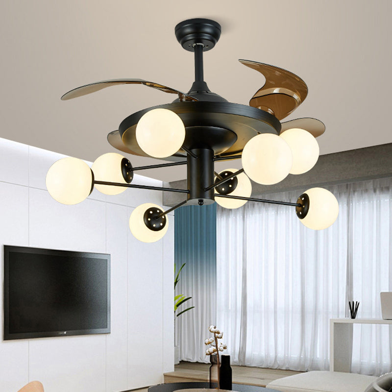 4-Blade Sputnik Ceiling Fan Lamp Modern Opal Glass Living Room Semi Flush Light in Black with Remote