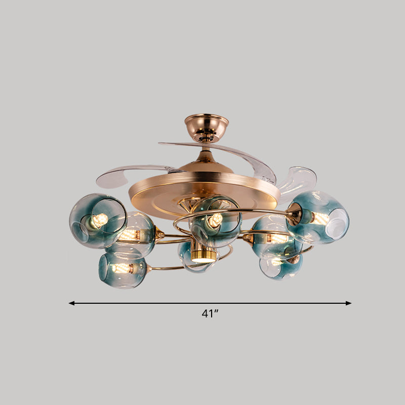 3 Blades Dimpled Glass Cup Pendant Fan Light Vintage 8-Bulb Remote Semi-Flush Ceiling Light