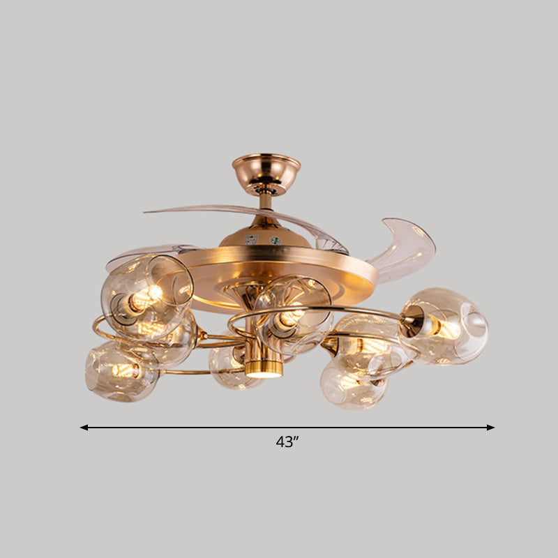 3 Blades Dimpled Glass Cup Pendant Fan Light Vintage 8-Bulb Remote Semi-Flush Ceiling Light