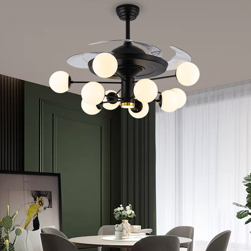 Ball Hanging Fan Light Fixture Minimalist Cream Glass Black Semi Flush Mount with 4 Blades and Remote