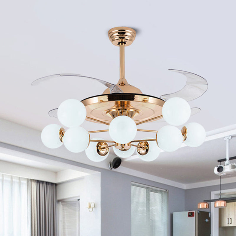 42" Wide Milk Glass Ball Pendant Fan Lamp Postmodern Rose Gold Semi Flush Light with 4 Clear Blades