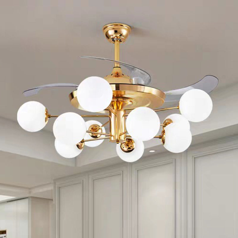 42" Wide Milk Glass Ball Pendant Fan Lamp Postmodern Rose Gold Semi Flush Light with 4 Clear Blades