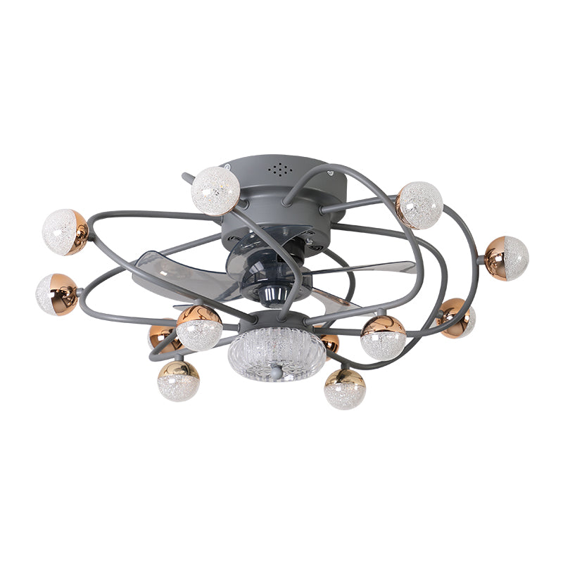 27.5 "W 5 BLADES LED NORDIC SEMI FLUSH LIGHT BALL CAGE Control remoto Luz de ventilador colgante con sombra de metal