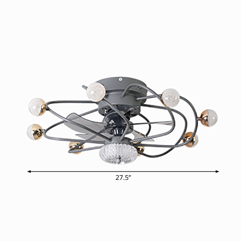 27.5 "W 5 BLADES LED NORDIC SEMI FLUSH LIGHT BALL CAGE Control remoto Luz de ventilador colgante con sombra de metal