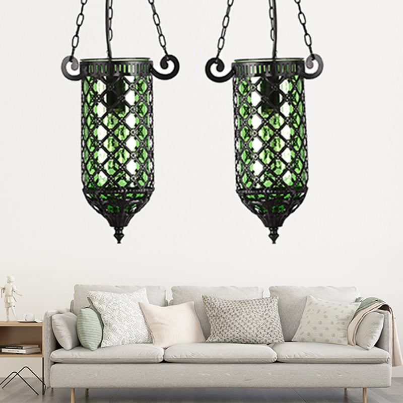 Potloodblauw/groen/paars glazen hanglamp Antiek