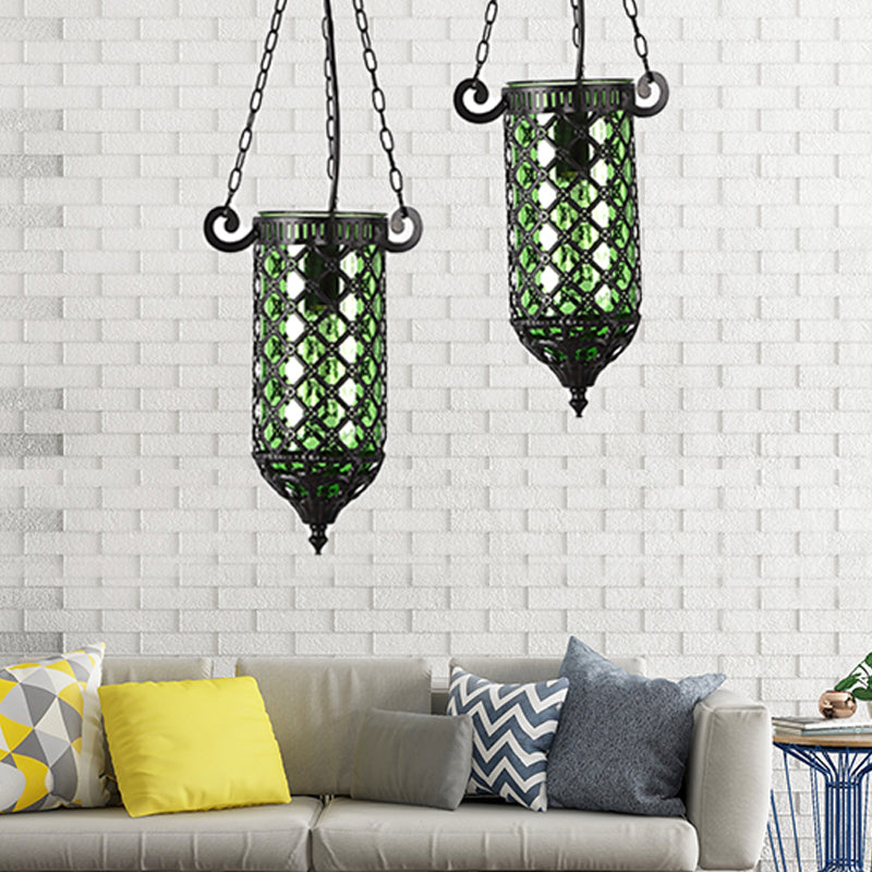 Potloodblauw/groen/paars glazen hanglamp Antiek