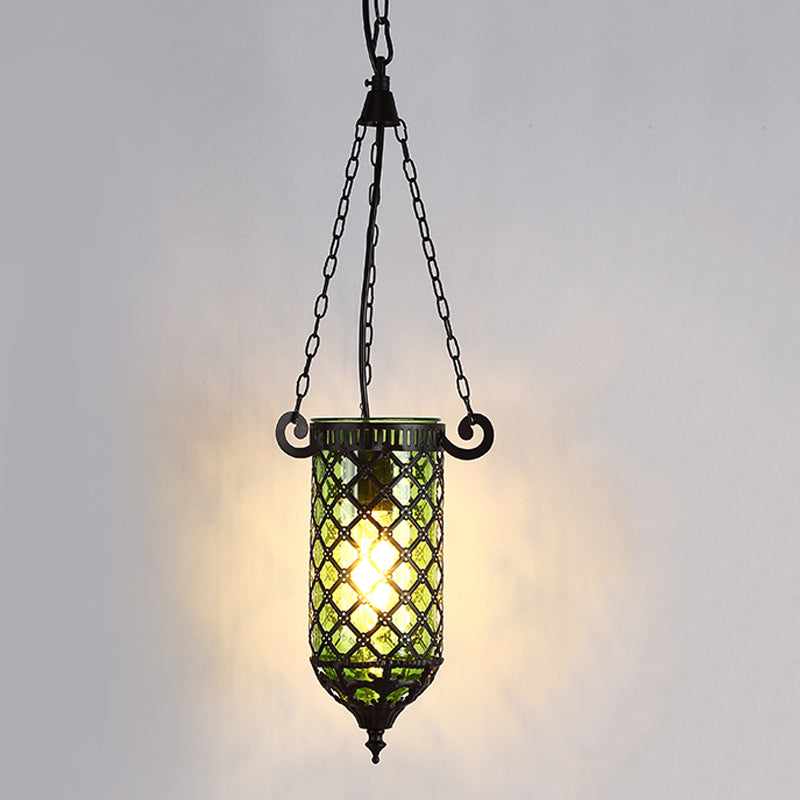 Potloodblauw/groen/paars glazen hanglamp Antiek