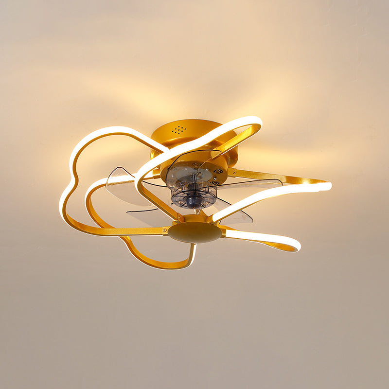 Metal Flower Semi Flush Ceiling Light Fixture Modern Remote Control 5-Blade LED Fan Lamp