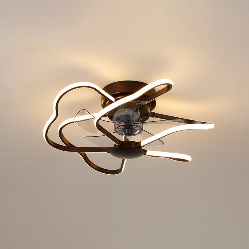 Metal Flower Semi Flush Ceiling Light Fixture Modern Remote Control 5-Blade LED Fan Lamp