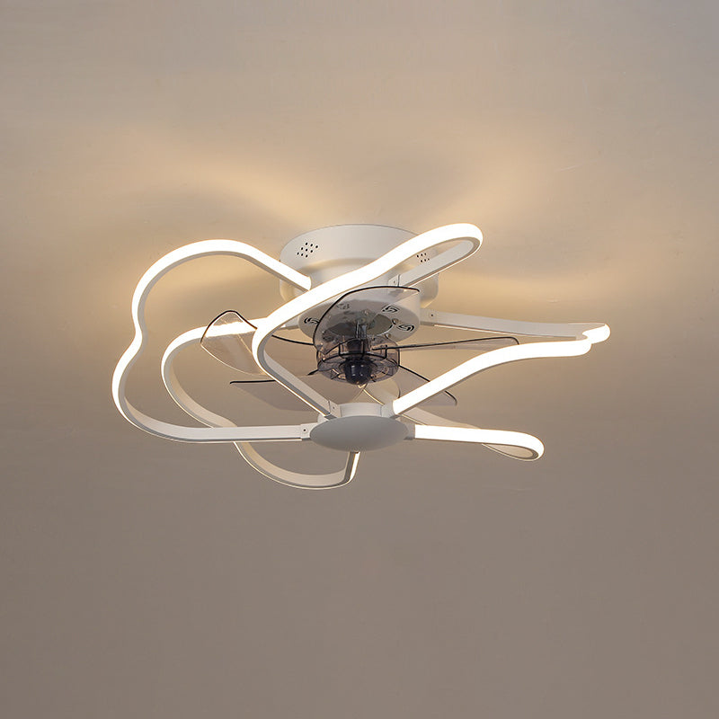 Metal Flower Semi Flush Ceiling Light Fixture Modern Remote Control 5-Blade LED Fan Lamp