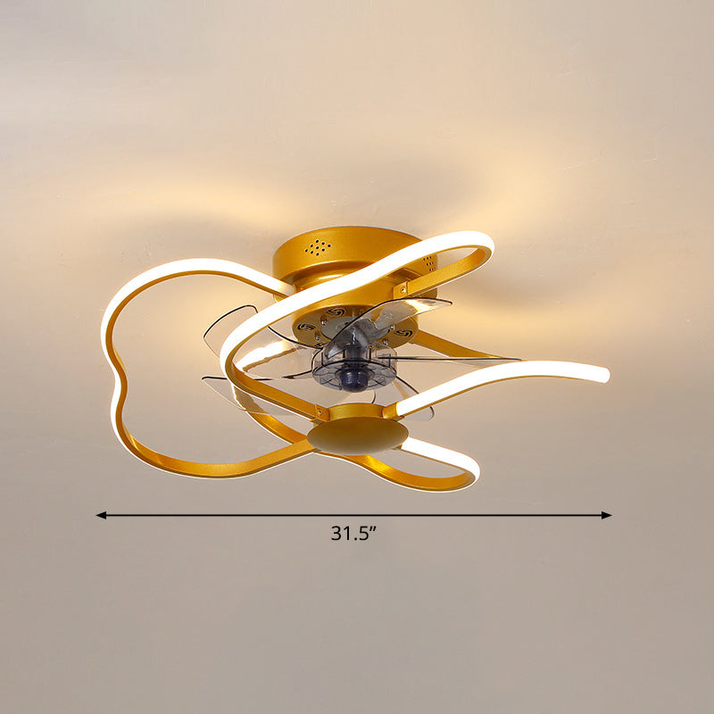 Metal Flower Semi Flush Ceiling Light Fixture Modern Remote Control 5-Blade LED Fan Lamp