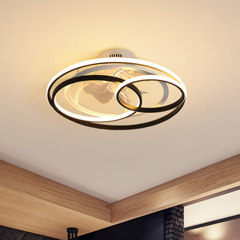 Black and White Loop Semi Flush Light Minimalist Acrylic 7-Blade LED Ceiling Fan Lamp with Remote Control