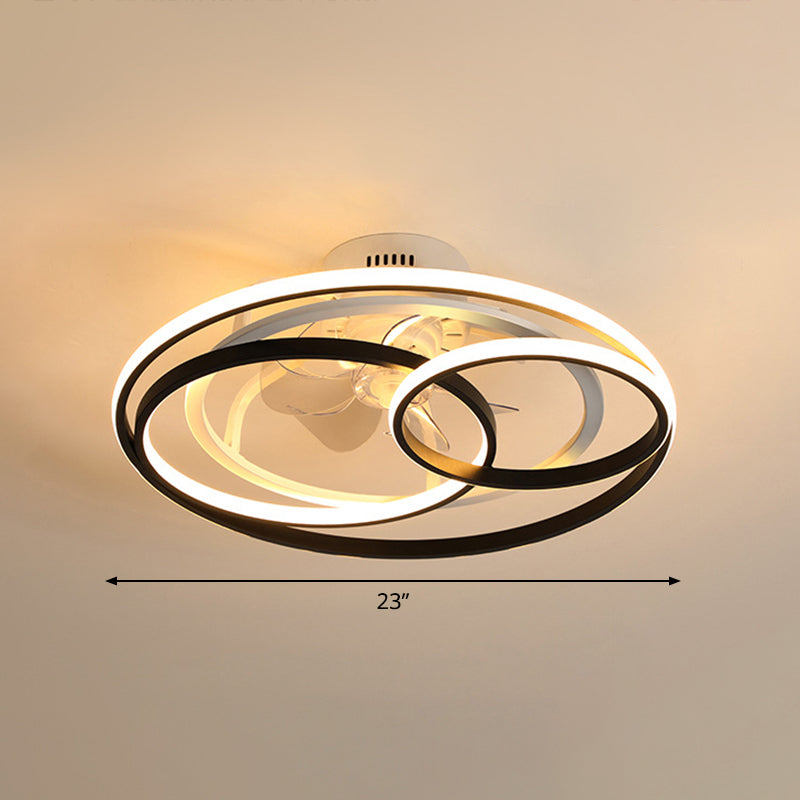 Lámpara de ventilador LED de LED acrílico acrílico de bucle en blanco y negro Luz minimalista de 7 cuchillas con control remoto