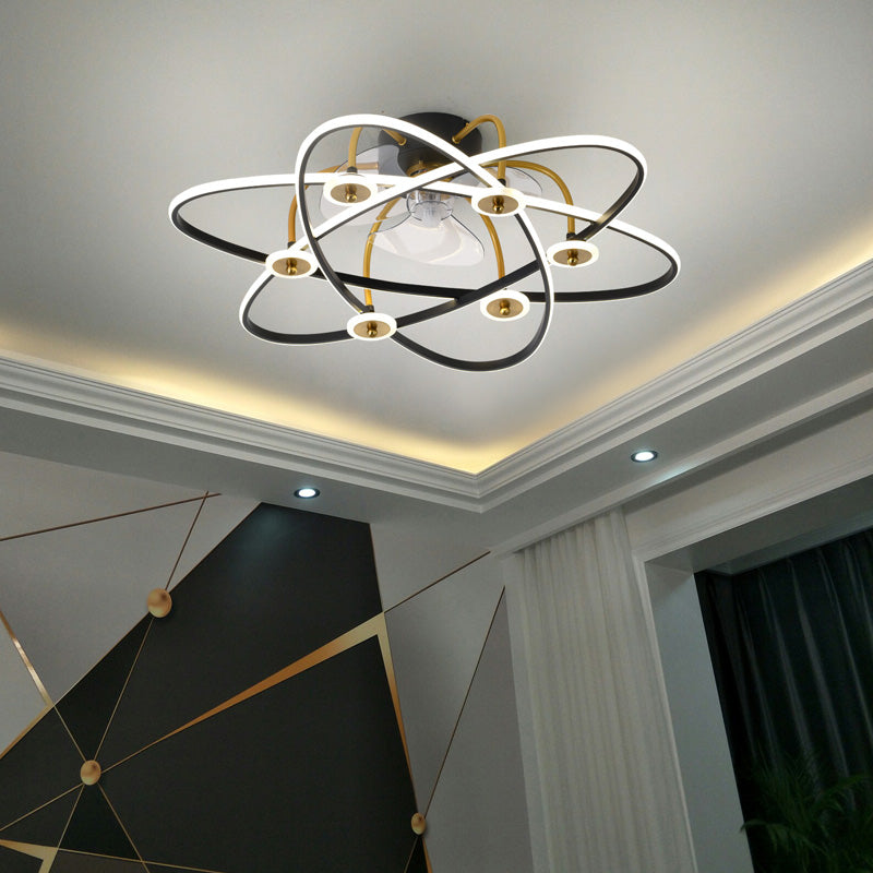 Floral Living Room Ceiling Fan Light Metal Minimalistic LED Semi Flush Mount Lamp with 3-Blade and Remote