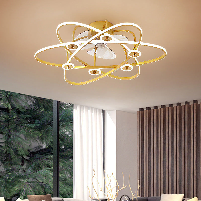 Floral Living Room Ceiling Fan Light Metal Minimalistic LED Semi Flush Mount Lamp with 3-Blade and Remote