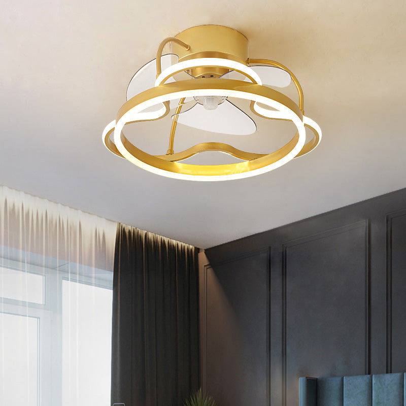 Aluminum Halo Semi-Flush Mount Lighting Minimalism 3-Blade LED Ceiling Fan Light Fixture with Remote, 19.5" Wide