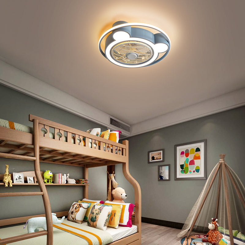 5-Blade Cartoon Bear Ceiling Fan Lighting Acrylic Child Room 21.5" W LED Semi Flush Lamp with Metal Ring, Remote Control